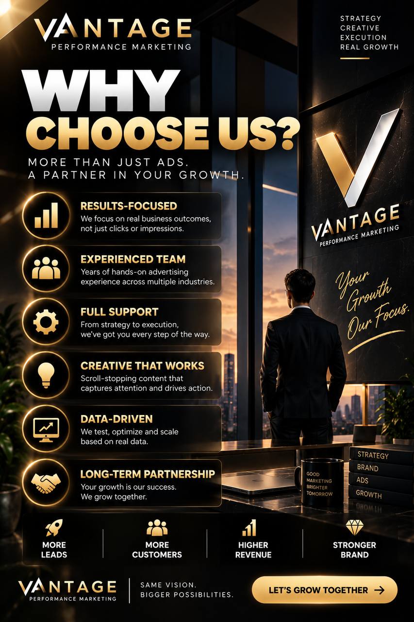 Why choose VANTAGE — results focused, experienced team, full support, creative that works, data driven, long-term partnership